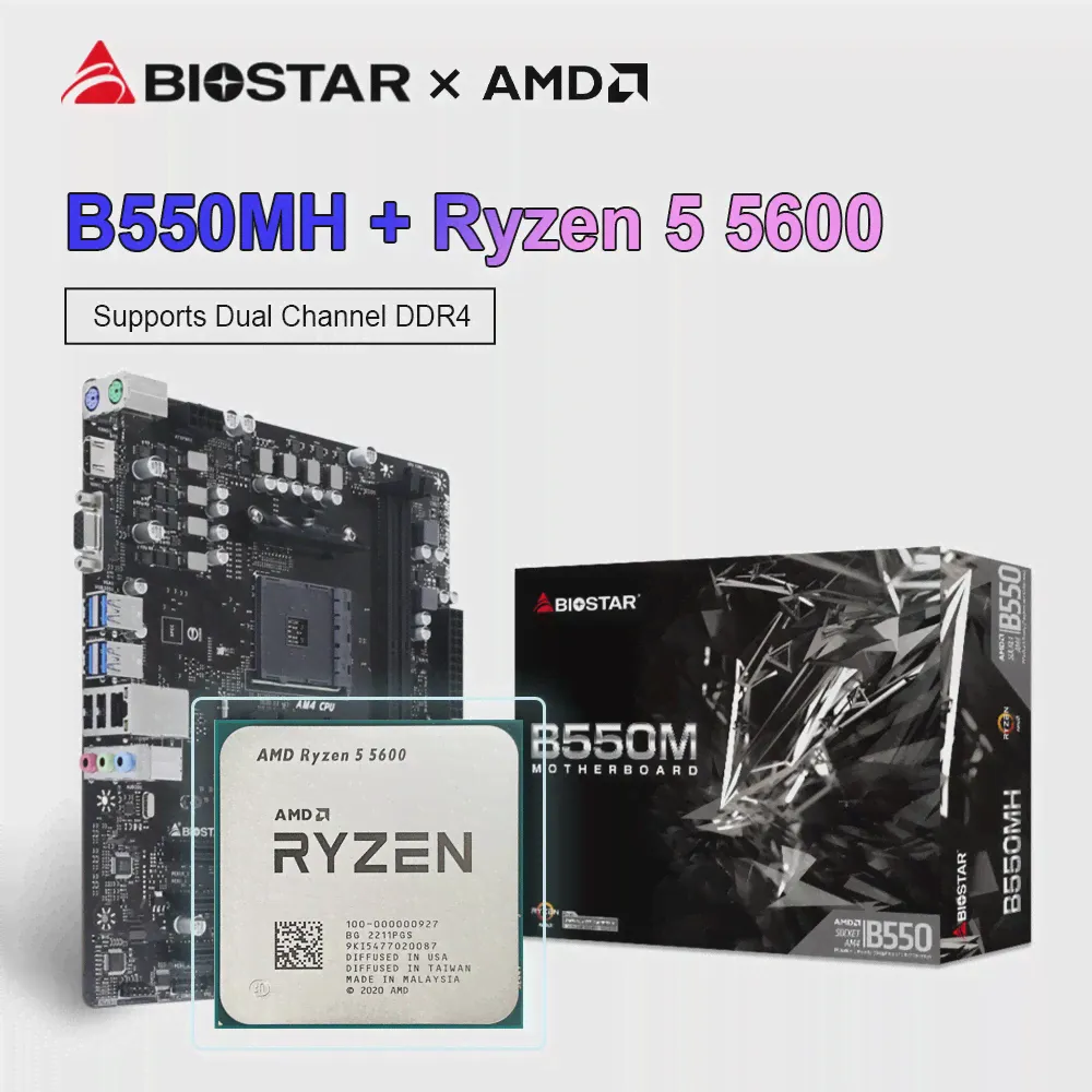 BIOSTAR Новая ИГРОВАЯ Материнская плата B550MH Micro-ATX B550M + Комплект материнской платы AMD Ryzen 5 5600 R5 5600 CPU DDR4 64G AM4-0